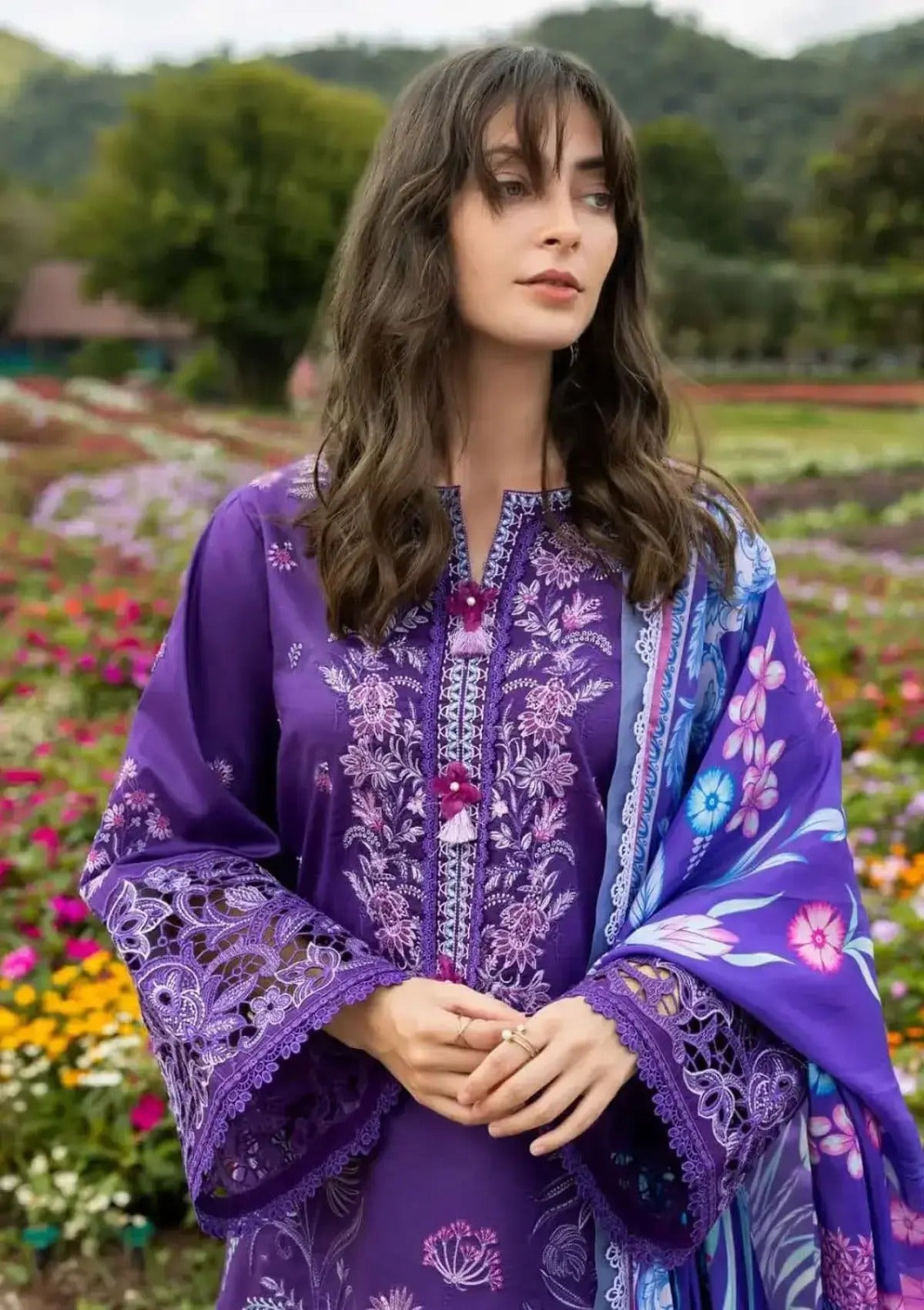 3 Piece Unstitched Heavy Embroidered Lawn Suit ( Fine Printed Silk Dupatta )MS-2770