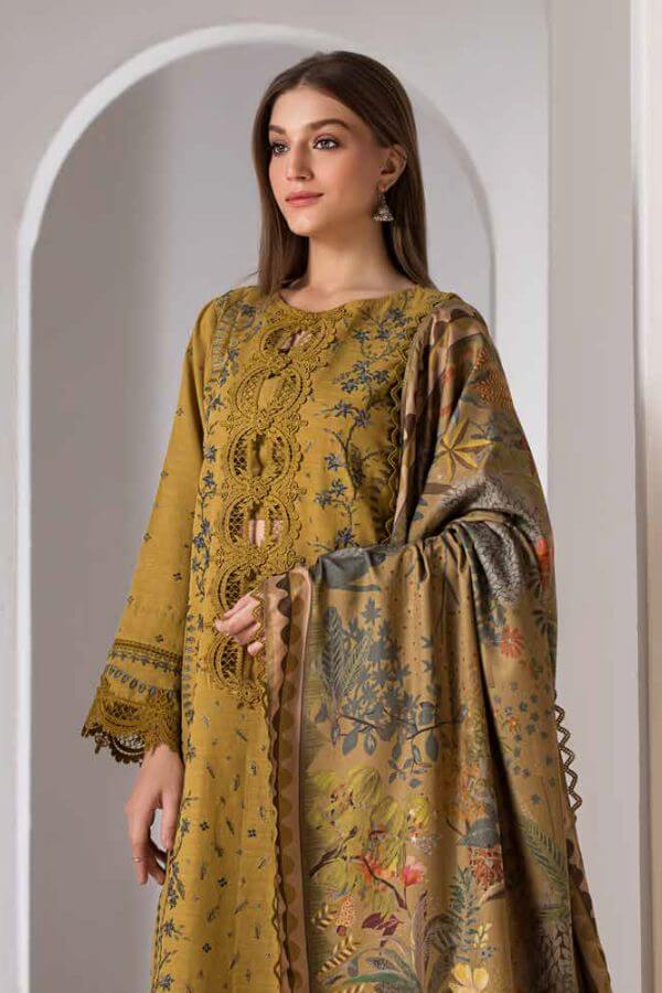 3 Piece Unstitched Heavy Embroidered Chickan Kari Lawn Suit ( Fine Printed Silk Dupatta ) SN-59