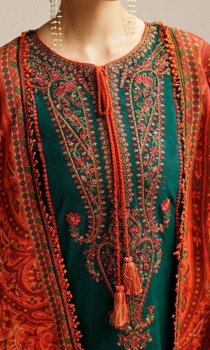 3 Piece Unstitched Heavy Embroidered Chickan Kari Lawn Suit ( Fine Printed Silk Dupatta )SP-525