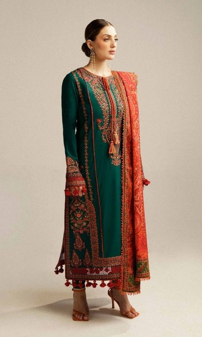 3 Piece Unstitched Heavy Embroidered Chickan Kari Lawn Suit ( Fine Printed Silk Dupatta )SP-525