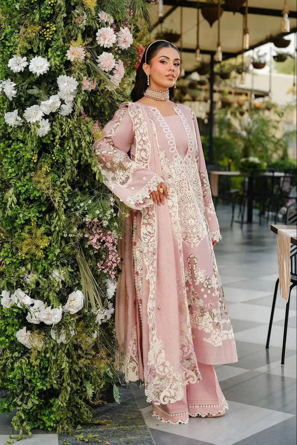 3 Piece Unstitched Heavy Embroidered Chickan Kari Lawn Suit ( Four-sided Embroidered Cotton Net Dupatta )