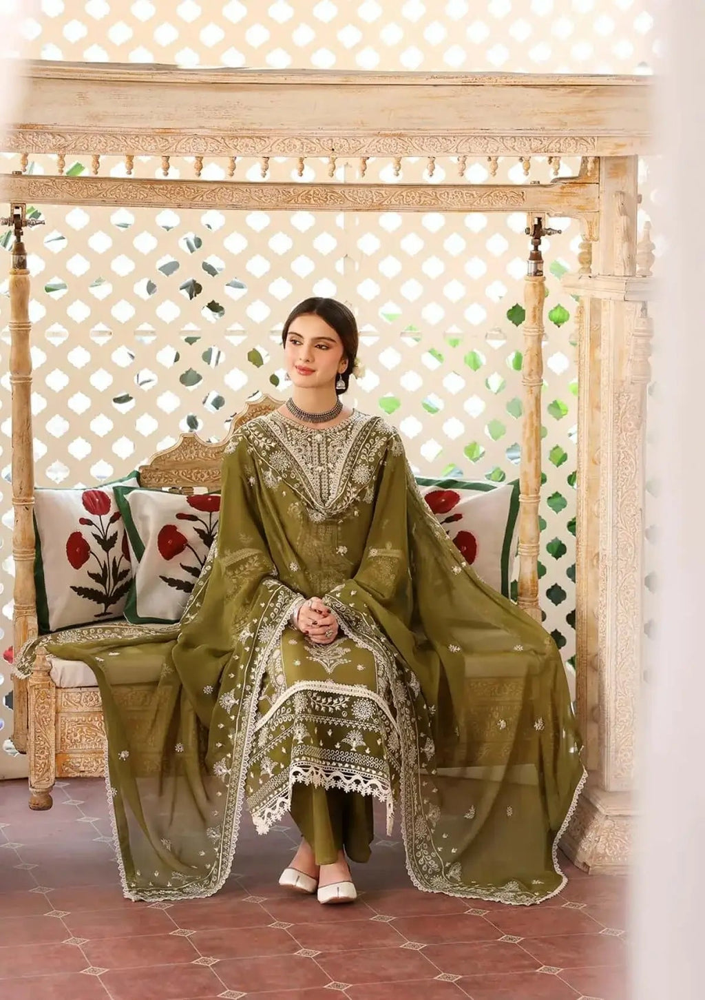 3 Piece Unstitched Heavy Embroidered Lawn Suit ( Full Embroidered Chiffon Dupatta )