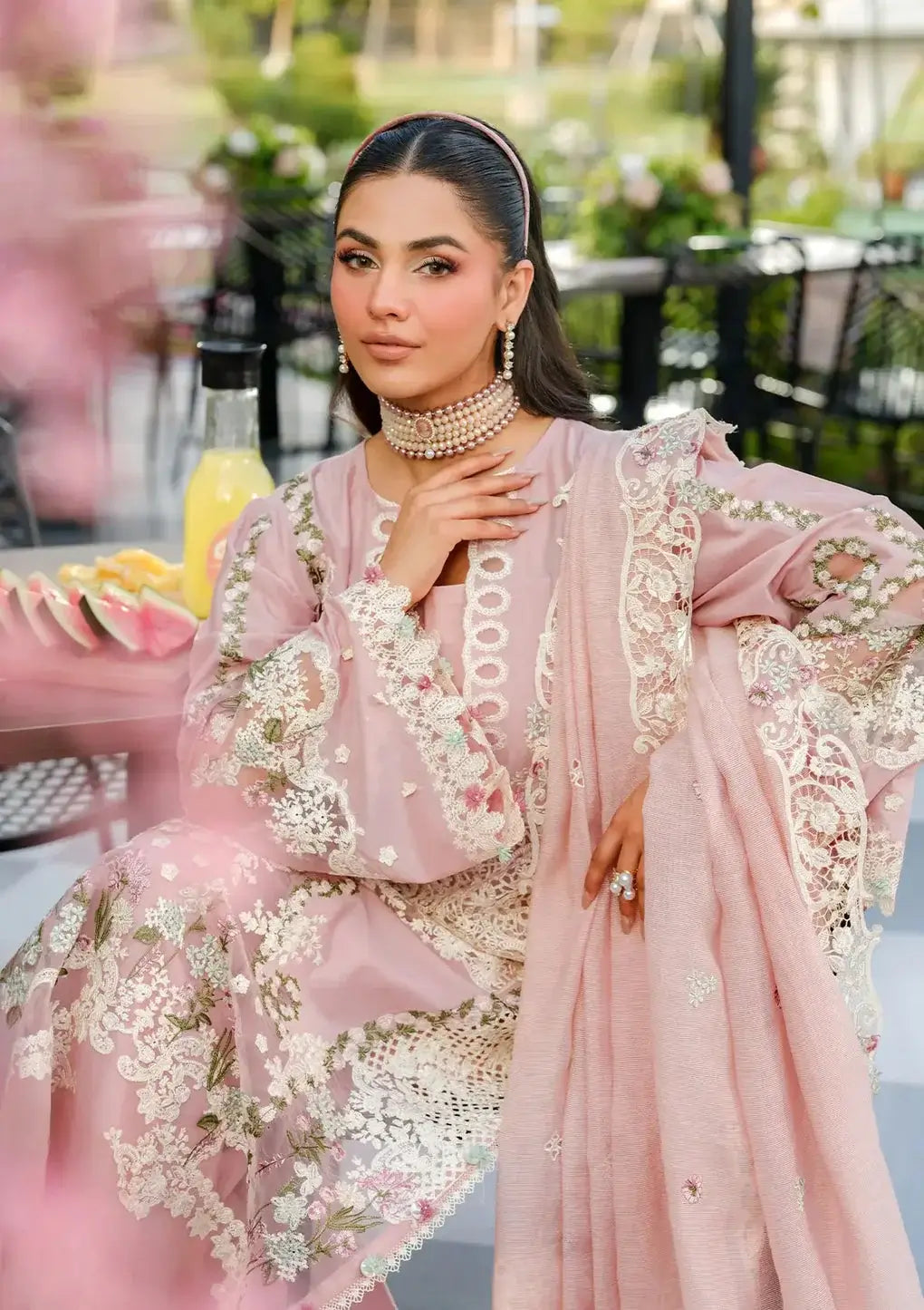 3 Piece Unstitched Heavy Embroidered Chickan Kari Lawn Suit ( Four-sided Embroidered Cotton Net Dupatta )