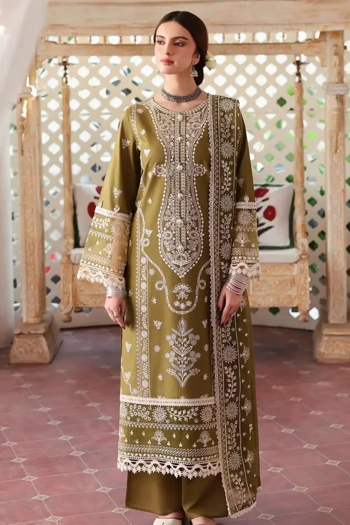 3 Piece Unstitched Heavy Embroidered Lawn Suit ( Full Embroidered Chiffon Dupatta )
