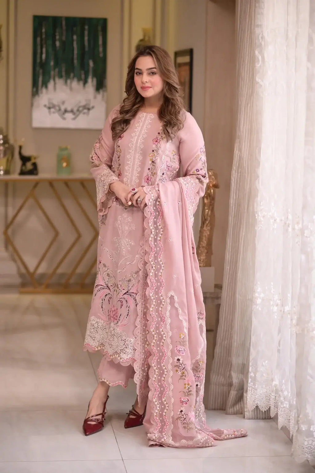 3 Piece Unstitched Heavy Embroidered Chickan Kari Lawn Suit ( Four-sided Embroidered Lawn Dupatta )