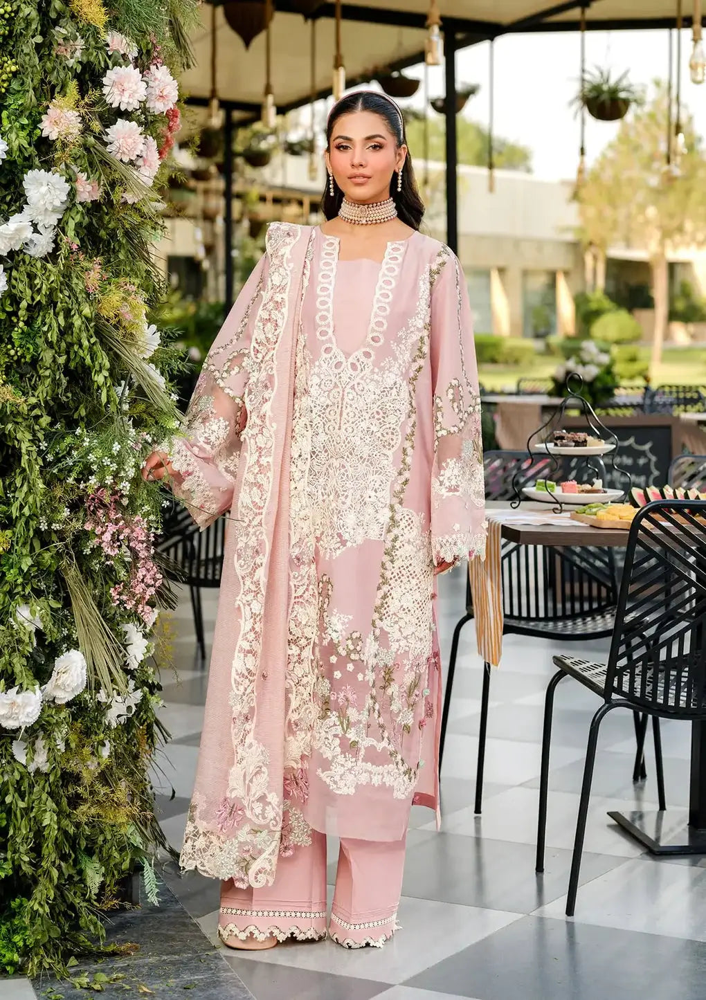 3 Piece Unstitched Heavy Embroidered Chickan Kari Lawn Suit ( Four-sided Embroidered Cotton Net Dupatta )