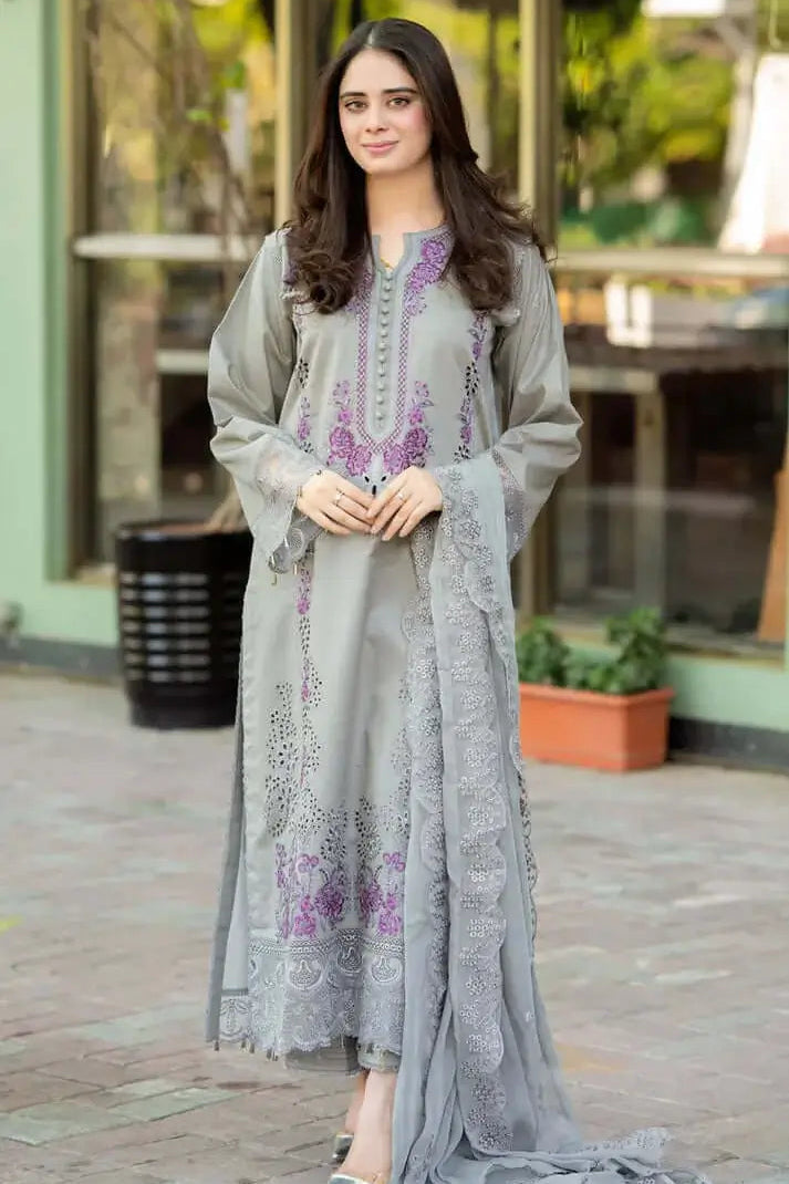 3 Piece Unstitched Heavy Embroidered Lawn Suit ( Four-sided Embroidered Chiffon Dupatta )