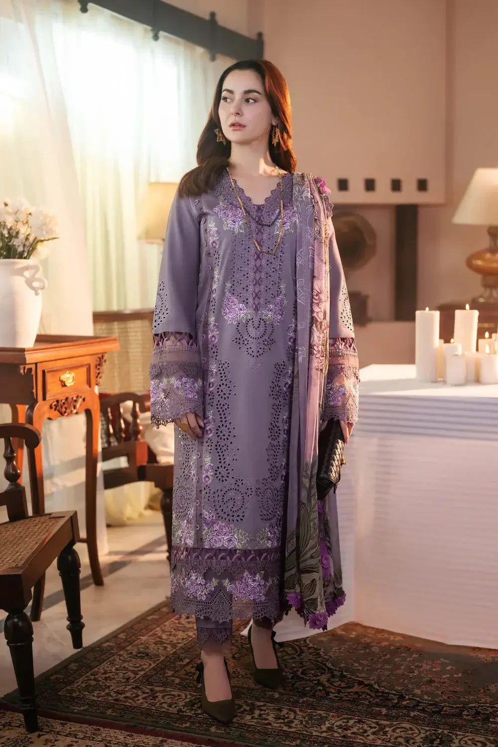 3 Piece Unstitched Heavy Embroidered Lawn Suit ( Fine Printed Cambric Dupatta )
