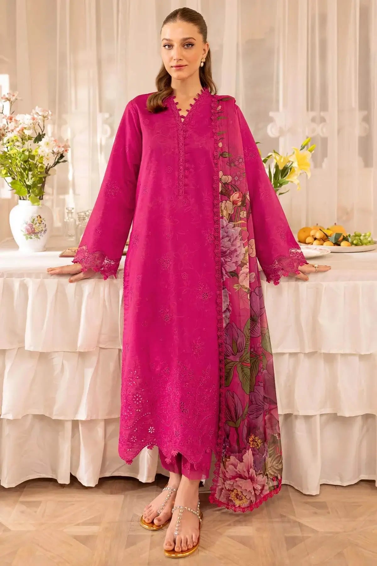 3 Piece Unstitched Heavy Embroidered Chickan Kari Lawn Suit ( Fine Printed Silk Dupatta )