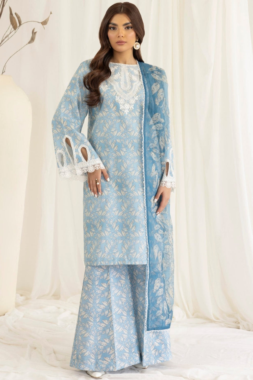 3 Piece - Unstitched Digital Printed and Embroidered Lawn Fabric With Silk Dupatta