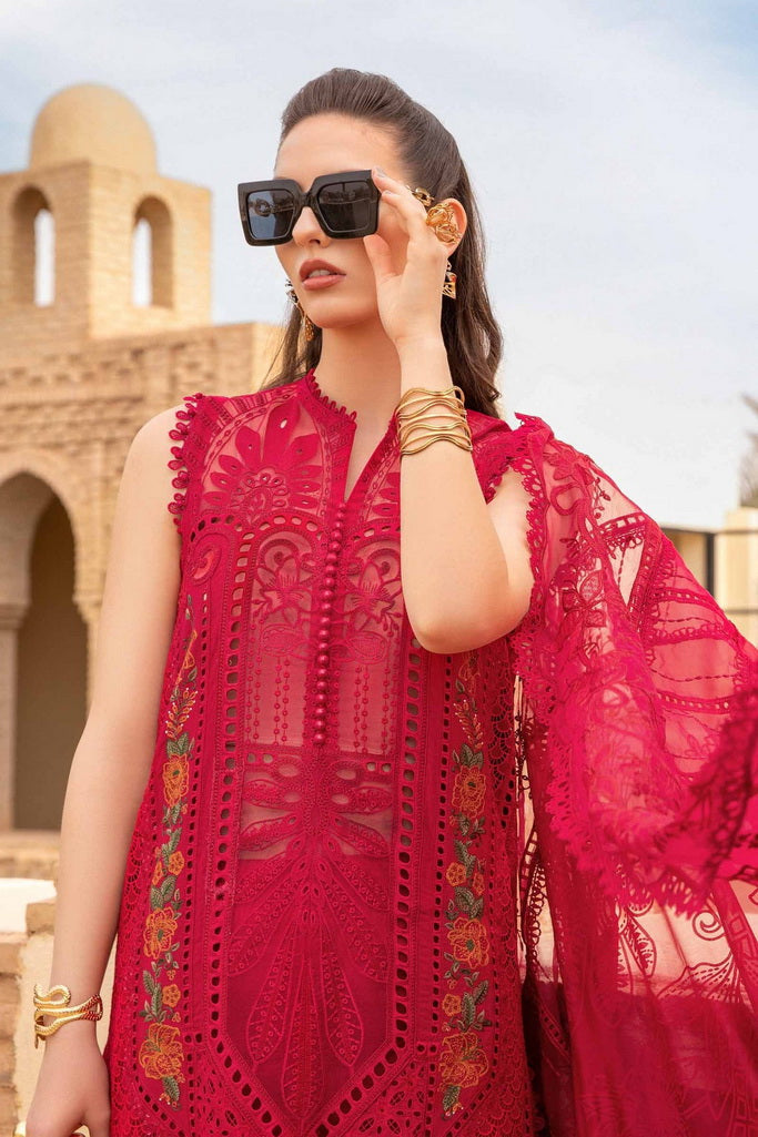 3 Piece - Unstitched Fully Embroidered Lawn Fabric MB-100 Red