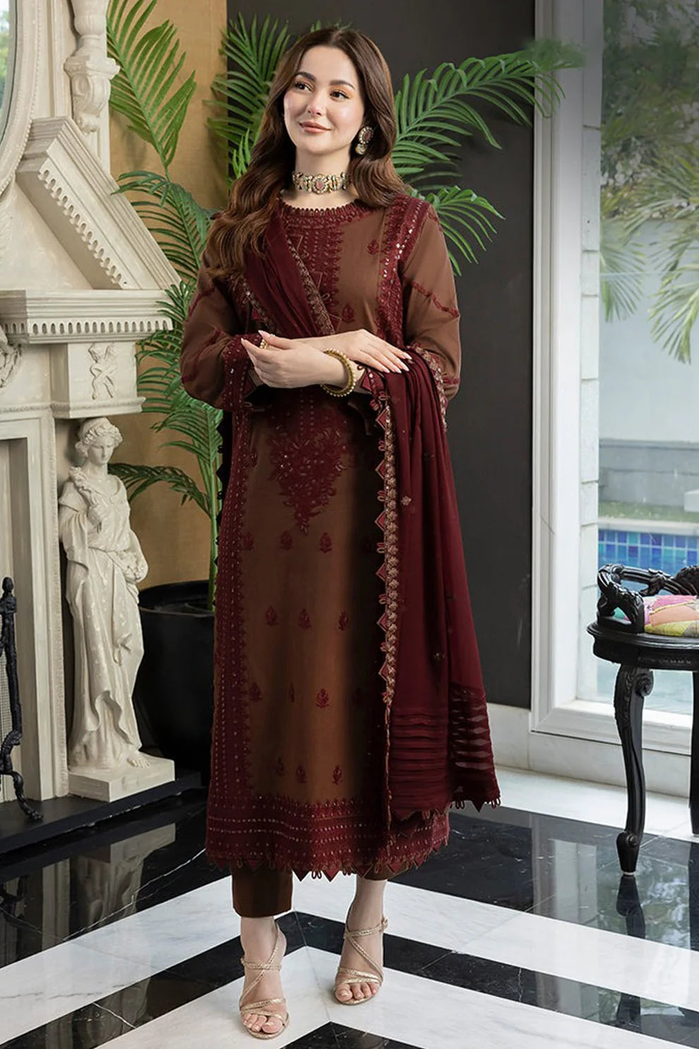 3 Piece - Unstitched Fully Embroidered Lawn Fabric with Chiffon Dupatta AJ-56