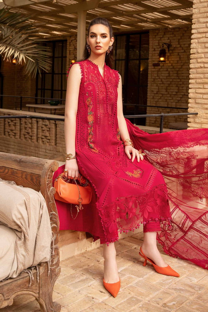 3 Piece - Unstitched Fully Embroidered Lawn Fabric MB-100 Red