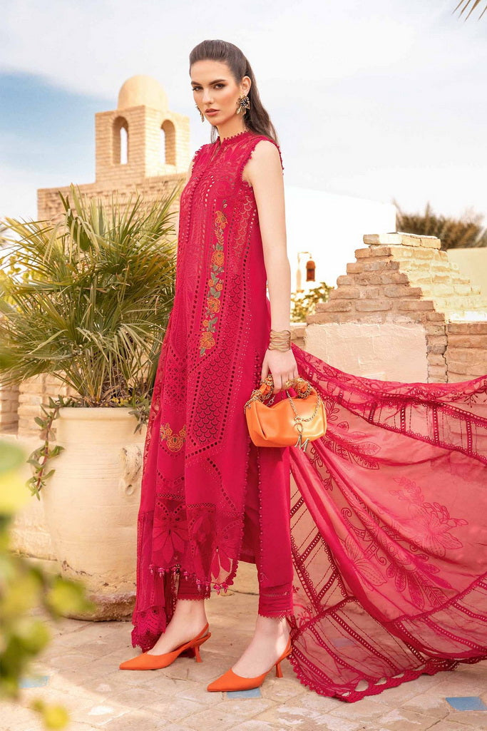 3 Piece - Unstitched Fully Embroidered Lawn Fabric MB-100 Red